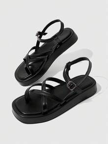 HighSole Sandalias de mujer para primavera y verano, con nuevo diseño de correas cruzadas y hebilla, plataforma abierta, estilo sencillo y versátil para uso diario, ir al trabajo o de compras - Negro - Ver 6
