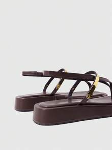 HighSole 女款舒適休閒厚底夾腳涼鞋 綁帶方頭 夏季日常通勤極簡咖啡色厚底涼鞋 - 咖啡棕 - 查看 5
