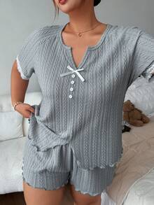Napfluff CURVE Napfluff CURVE Casual Knit Jacquard Frill Trim Bow Decor Plus Size Pajama Set - Grey - View 6