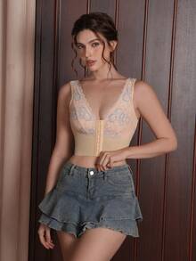 Myrelith 1件女款性感露背蕾絲拼接塑身上衣 - 杏色 - 查看 5