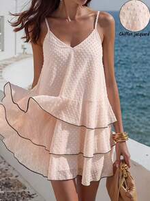 SHEIN LUNE Autumn/Winter New A-Line Doll Dress With Three-Tier Asymmetrical Ruffle Cake Layers, Layered Design With Natural Drape And Fluid Movement, Varying Lengths For A Casual Vibe, Pure & Gentle Vacation Style, Daily Girlish Casual Wear, Loose Fit For Comfort And Aesthetic Appeal - Pink - View 3