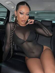 SHEIN SXY 透視網紗連身背心不附內衣 - 黑色 - 查看 6