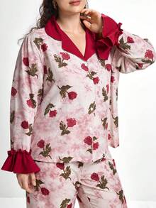 Slumbrini 大码女式撞色荷叶边翻领长袖上衣和裤子睡衣套装，玫瑰花印花，秋冬服装 - 酒紅色 - 查看 5