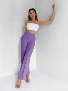 SHEIN Cottnline Pantalones De Vestir Con Pliegues Y Vuelo De Un Solo Color - Morado - Ver 5