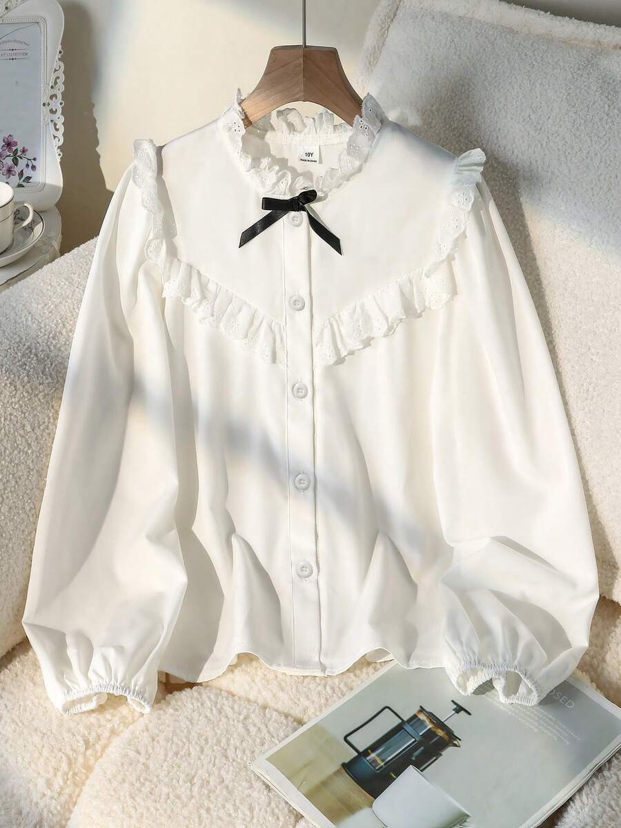 SHEIN Lace Ruffle Girls' Blouse | Puff Sleeve | Button-Down | Daily & School Ready - White - View 1