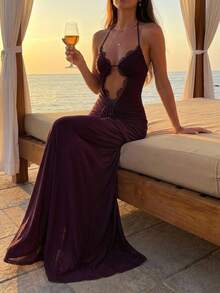 Aloruh Robe de soirée de fête élégante et sexy en patchwork de dentelle violet foncé extra longue - Prune - Voir 6