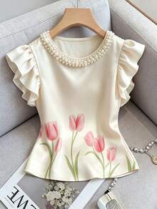 Franclia 女士时尚优雅花卉印花仿珍珠领装饰衬衫 - 香檳色 - 查看 3