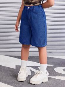 SHEIN 青少年女孩高腰口袋休閒百慕達牛仔短褲 - 深色水洗藍 - 查看 4