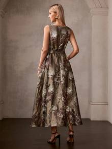 MOTF PREMIUM COFFEE GOLD JACQUARD LONG DRESS WITH BELT - Coffee - View 4