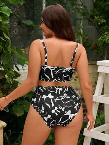 Swim Mod 2026 New Summer Beach Vacation Cute Ruffle Pink Bow Pattern Bandeau & Shoulder Strap 2-In-1 Plus Size Swimsuit Set - Black and White - View 2