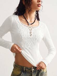 Bohemela Casual Solid Color Knit Long Sleeve Women's T-Shirt - White - View 5