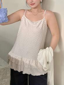 Dazy Plus Cardigan Kasual Lengan Panjang Warna Polos dengan Ikatan Depan, Motif Polkadot Kecil Modis, dan Hiasan Rumbai, Camisole Panjang, Set 2 Potong untuk Musim Semi, Musim Panas, Musim Gugur, Atasan yang Lucu - Aprikot - View 4