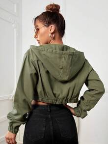 Selenza Flap Pocket Drawstring Hooded Crop Denim Jacket - Army Green - View 2