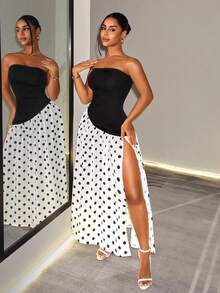 BamGleam Elegant Sexy Bandeau A-Line High Slit Polka Dot Patchwork Women's Dress Day Party Bar Party Black And White Polka Dot Summer - Black and White - View 6