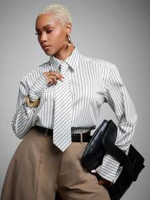 Vixey Directional Stripe Bold Padded Shoulder Shirt With Tie, Business Work Office Commute Top, Business Casual, Workwear, Desk To Dinner, Tailored - Black and White - View 4