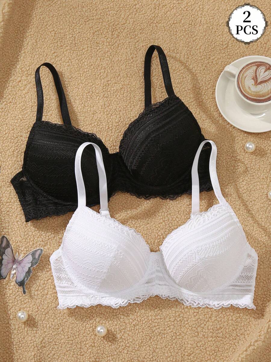 SHEIN 女款鋼圈蕾絲休閒舒適內衣,黑白兩件組 - 黑與白 - 查看 1