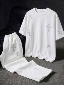 SHEIN 青少年男孩十字印花短袖T恤與長褲休閒套裝 - 白色 - 查看 1