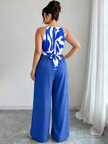 SHEIN LUNE Women's Plus Size Spring/Summer Elegant Wrap Tie Striped Colorblock Loose Straight Leg Jumpsuit - Multicolor - View 2
