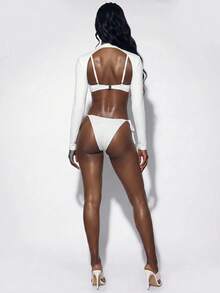 Amplova Women's 3 Pieces All White Sexy Sports Style Swimwear, Cute Underwire Design Beach Party Summer - White - View 2