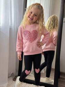 Emery Rose Kids Emery Rose Kids 2件組女童少女心形印花落肩秋季運動衫與鬆緊腰打底褲套裝，甜美女孩軟萌開學穿搭套裝 - 淺粉色 - 查看 3