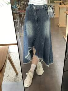 DAZY Falda casual de mujer de estilo coreano asimétrica de denim lavado para la escuela - Azul - Ver 6