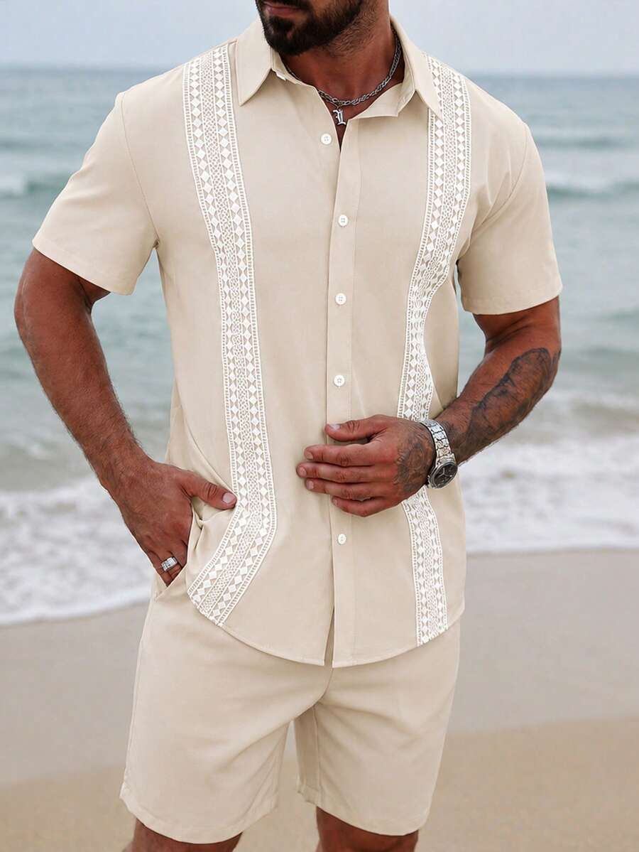 VENTUSAIL 男士夏季休闲度假风格撞色蕾丝短袖宽松衬衫 - 杏色 - 查看 1