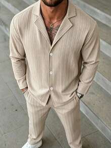Manfinity Homme Men's Casual Versatile Solid Color Shirt And Long Pants - Khaki - View 5