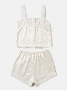 lacRébo Bộ đồ ngủ satin màu kem họa tiết chấm bi gồm áo cami dáng ngắn và quần short đồng bộ phong cách lãng mạn - Màu be - Xem 9