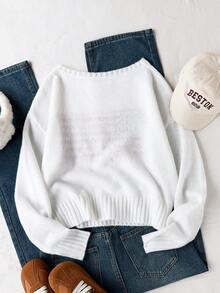 SHEIN 1件女款青少年毛衣，時尚休閒百搭極簡圓領美國國旗圖標提花圖案，學院風，適中厚度，整齊下擺，緊口袖口，柔軟親膚質感，適合日常穿著、外出、校園，秋冬季 - 白色 - 查看 2