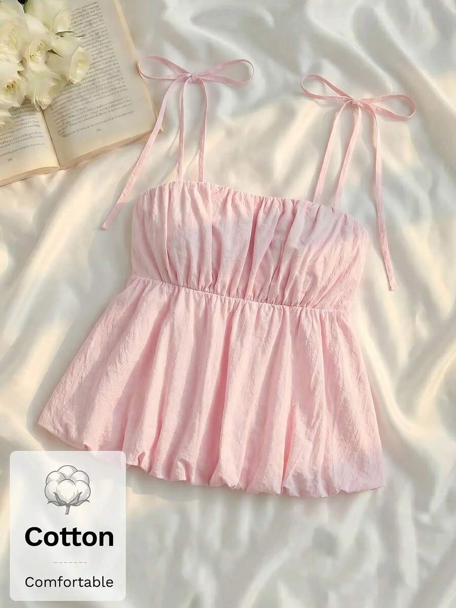 SHEIN MOD Top de mujer con bajo de pompones rosa, algodón. Camisola de verano, San Valentín, top de tirantes con lazo de gasa rosa, top para invitada de boda y fiesta, tela de poliéster suave, top estilo babydoll sin mangas, look romántico y femenino, despedida de soltera, fiesta de cóctel, cita nocturna, vacaciones, verano, top elegante y casual para mujer - Rosa Pálido - Ver 1
