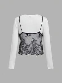 SHEIN MOD Women's Long Sleeve White 2 In 1 Lace Patchwork Crew Neck Cropped T-Shirt Date Everyday Autumn French Elegant.Halloween.Back To School. - Black and White - View 2