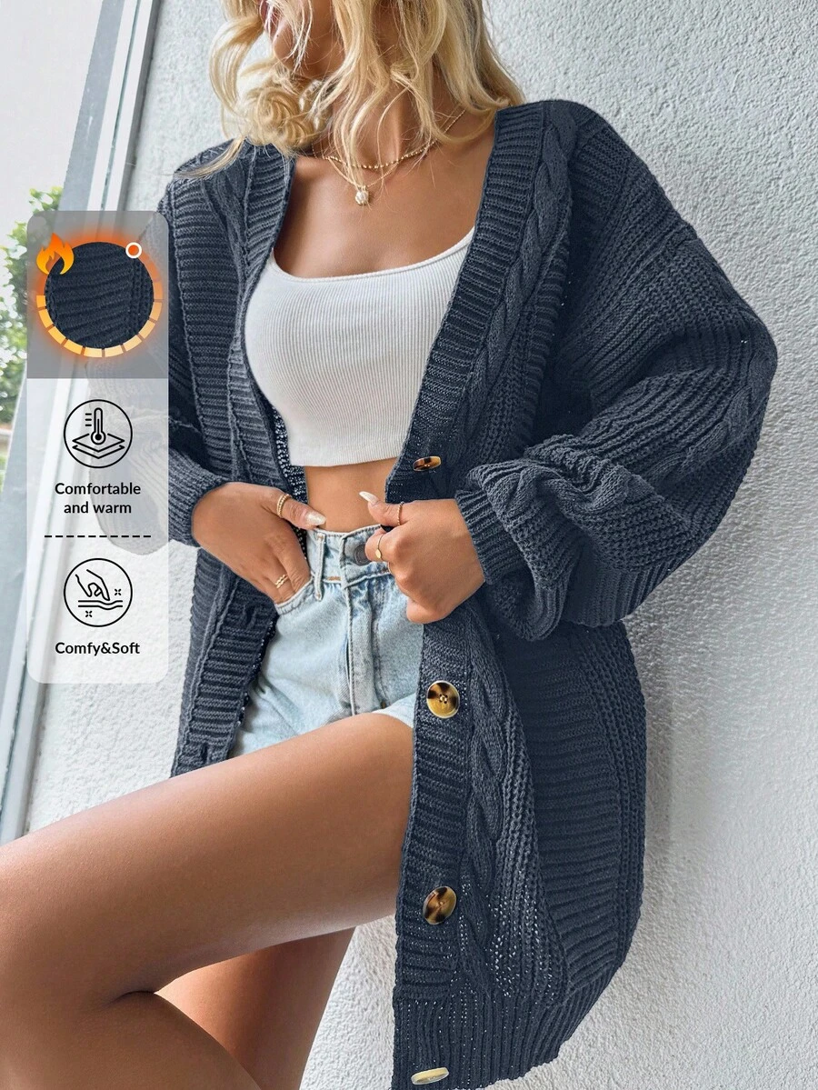 EURMUSE Autumn/Winter Casual Versatile Solid Color Cardigan - Navy Blue - View 1