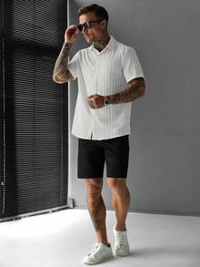 SLATEMANN 男士純色單排扣休閒短袖襯衫 - 白色 - 查看 6