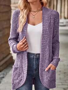 Louniche Women's Casual Ribbed Brushed Open Front Side Pocket Short Jacket - Purple - View 7
