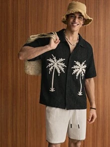 SWAVVY Men's Coconut Tree Pattern Casual Versatile Daily Wear Knit Top - Black - View 1
