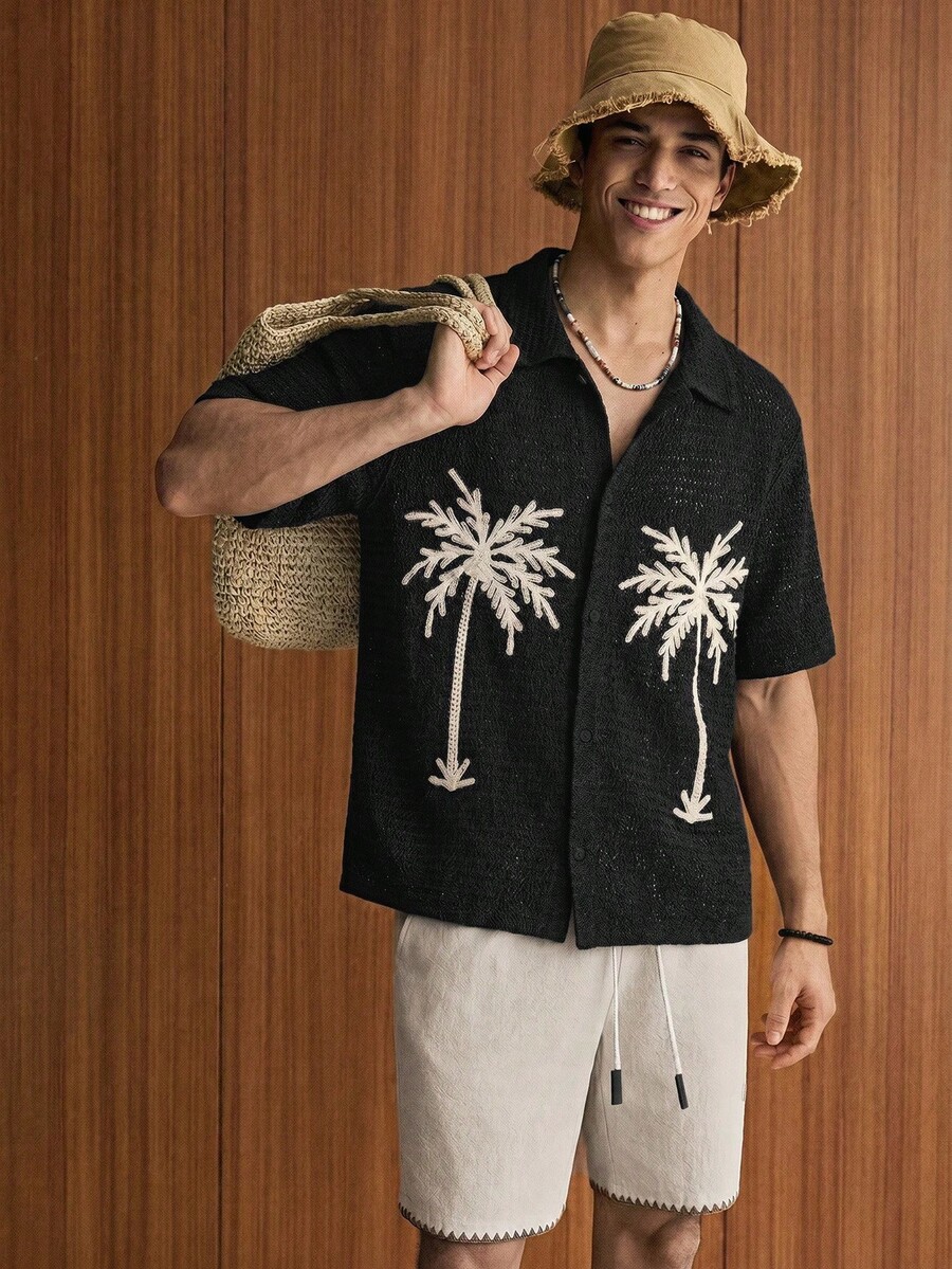 SWAVVY Men's Coconut Tree Pattern Casual Versatile Daily Wear Knit Top - Black - View 1