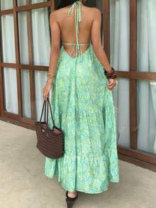 Sunnyshic Bohemian Vacation Series Fashion Halter Neck Sexy Backless Beach Classic Blue Print Summer Versatile New Women's Dress - Green - View 2