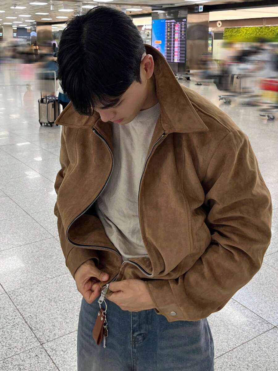 DAZY 秋季男士純色棕色麂皮夾克外套 - 棕色 - 查看 1