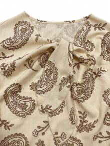 SHEIN Women's Summer Shirt, June Festival, Outdoor Outfit Top, Beach Brunch Vacation, Holiday, Wave Wrinkle Pelis Pattern Print, Beige, Bowknot - Apricot - View 6