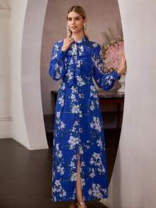 MOTF Soiréza ELEGANT WOMEN'S LONG SLEEVE LANTERN SLEEVE MAXI PARTY GOWN WITH TIE NECKLINE & RANDOM FLORAL PRINT , PERFECT FOR VALENTINE'S DAY , EVENING GALAS, WEDDING GUEST ATTIRE, ANNIVERSARY CELEBRATIONS, PROM NIGHTS, HOLIDAY BASHES, ELEGANT BIRTHDAY CELEBRATIONS - Royal Blue - View 6