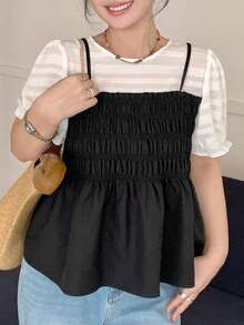 Dazy Plus Contrast Color Patchwork Shirred Fitted Casual Pullover Doll Blouse Short Sleeve Spring Summer Shirt For Girls - Black - View 5