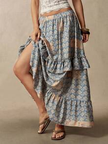 Bohemela Women's Elastic Waist All-Over Print Pleated Casual Versatile Daily Skirt - Blue - View 4
