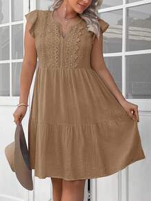 SHEIN LUNE Plus Size Summer Casual Solid Color Lace Patchwork Dress - Brown - View 8