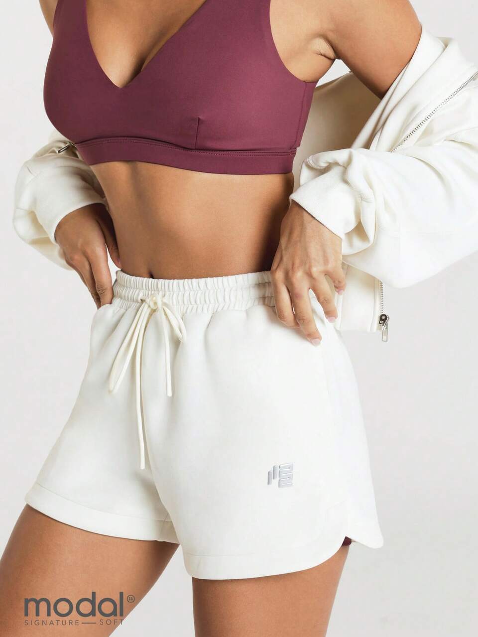 11SKNDS Fleece Sweat Shorts With Elasticated Drawstring Waist, Tonal Logo Emblem, Curved Hem, Relaxed Fit, Casual Everyday Lounge Summer Style