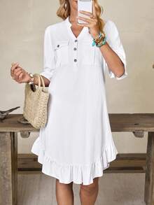 Breezaya Women's Button-Front V-Neck Utility Pocket Casual Denim Dress - White - View 15