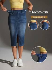 Flexra Women's Fashion Versatile Denim Skirt With Pockets And Front Slit - Dark Wash - View 8