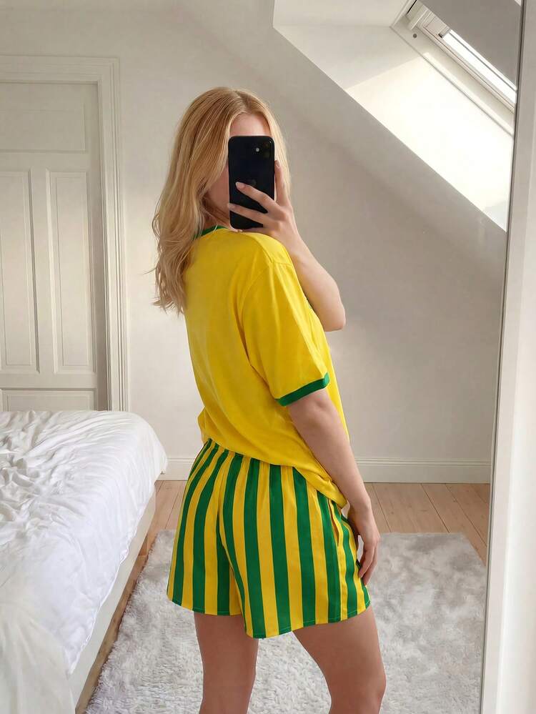 Sundraya Women's 2 Pieces Set, Brazilian Pattern, Yellow Loose Short-Sleeve Top, Yellow-Green Striped Women's Shorts, Summer Bestseller, Summer Women's Shorts - Multicolor - View 2