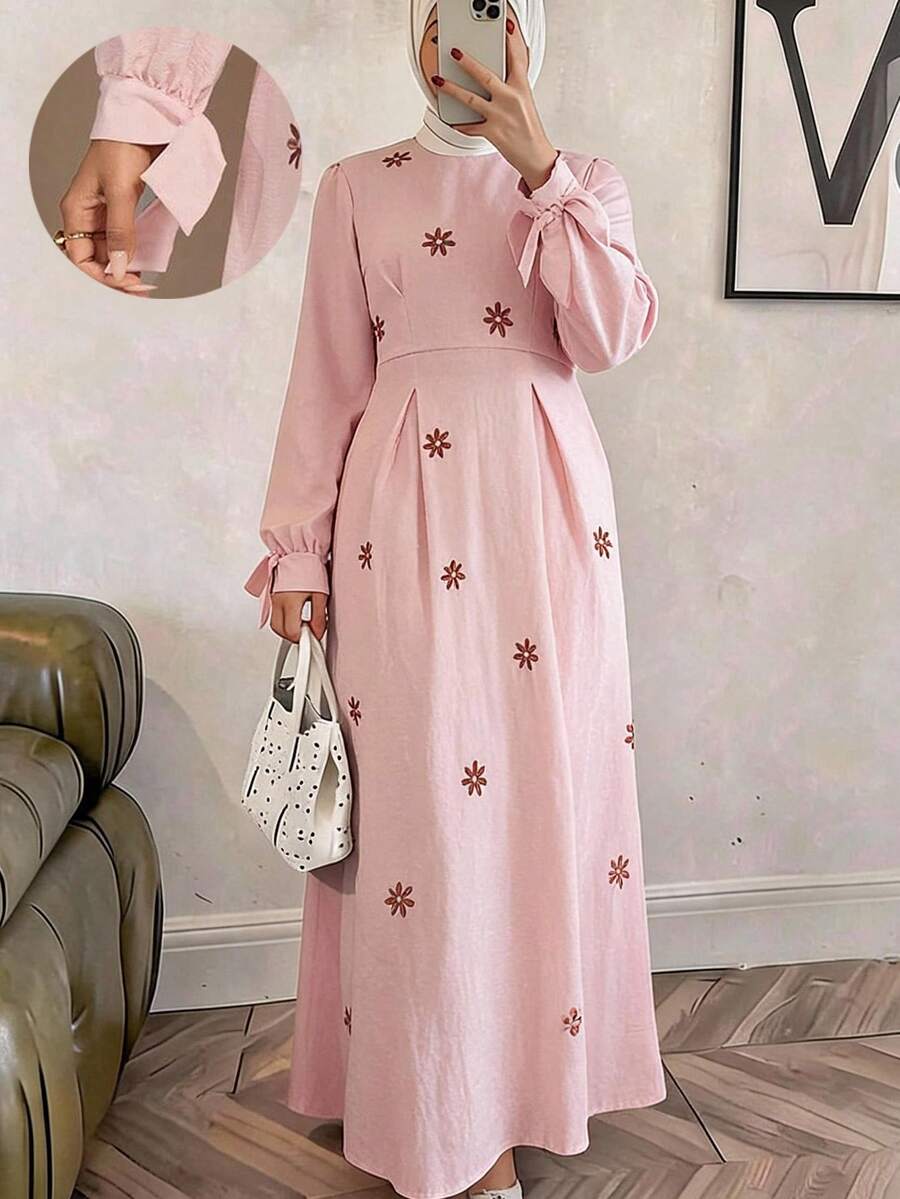 Solavon Women's Round Neck Raglan Sleeve Pleated Elegant Arabic Style Dress