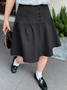 Dazy Plus 大尺碼女款波點學院風修身膝長 A 字休閒百搭裙，適合女孩校園穿著 - 深灰色 - 查看 1