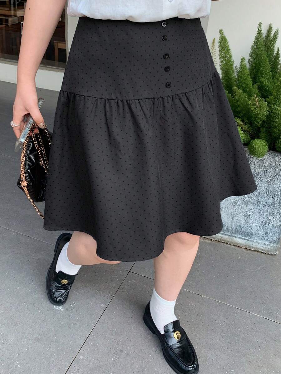 Dazy Plus 大尺碼女款波點學院風修身膝長 A 字休閒百搭裙,適合女孩校園穿著 - 深灰色 - 查看 1